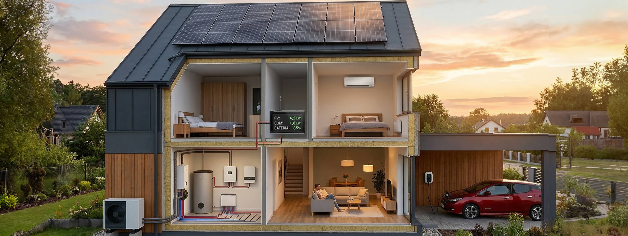 Przekrój nowoczesnego domu z instalacjami energetycznymi